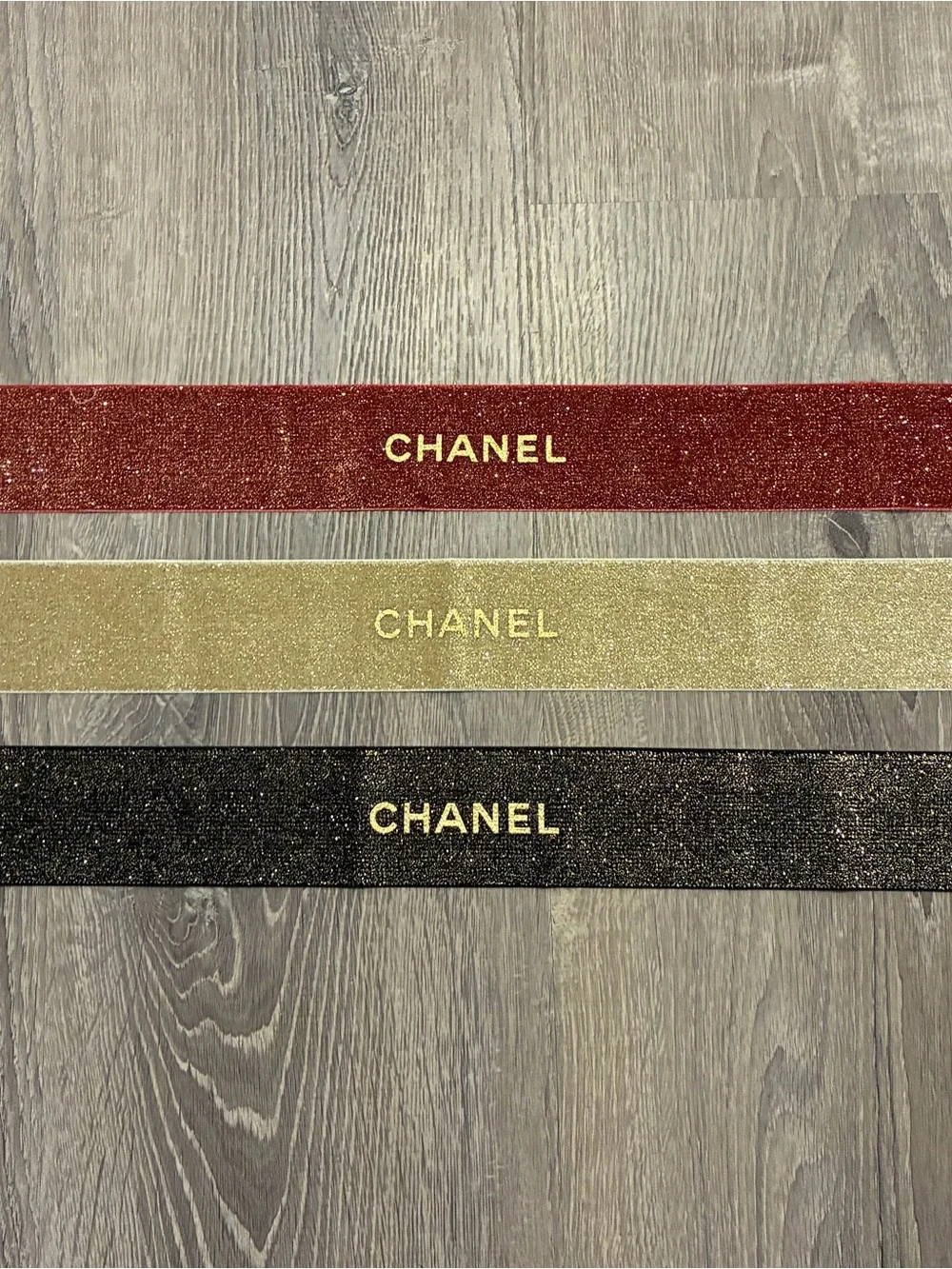 CHANEL Shimmering Glitter Red Gold Black Ribbon Gift Wrapping set of 3